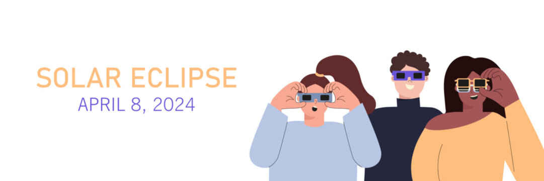 Diverse people watching total solar eclipse 2024. Horizontal banner, poster, backdrop template with copy space for text. Modern flat cartoon vector illustration isolated on white background
