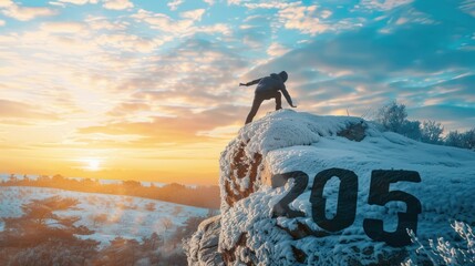A man pushes four off a cliff with the number 2025. Blue sky and sunrise. It is a symbol of the beginning and welcoming of the new year 2025. First person view realistic daylight view 
