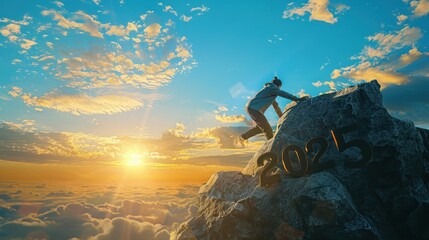 A man pushes four off a cliff with the number 2025. Blue sky and sunrise. It is a symbol of the beginning and welcoming of the new year 2025. First person view realistic daylight view 