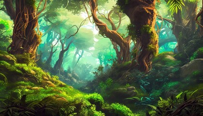 Fototapeta premium deep forest fantasy backdrop concept art realistic illustration video game digital cg artwork background nature scenery