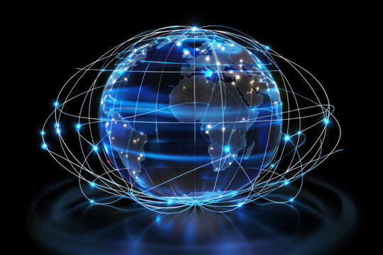 Networked Globe: Blue Digital Connections. This image represents a 3D globe with a network of blue digital connections signifying global communication and data transfer.