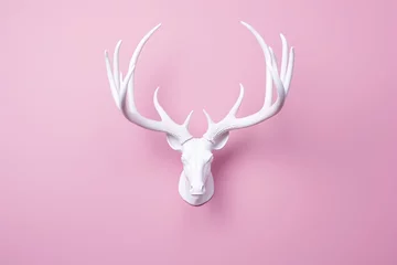 Zelfklevend Fotobehang a white deer head with antlers on a pink background © Alexandru