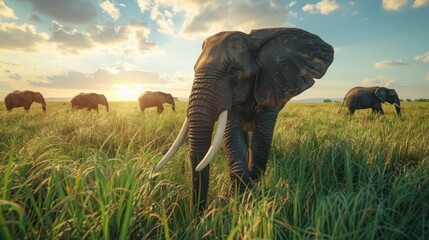 A herd of wild elephants walks through the grasslands of the national park. in tanzania First person view realistic daylight view
