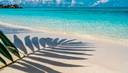 Fototapeta na wymiar tropical leaf shadow on water surface shadow of palm leaves on white sand beach beautiful abstract background concept banner for summer vacation at the beach