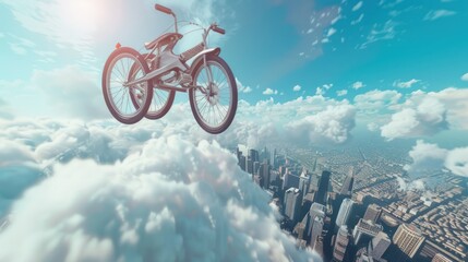 A flying bicycle will take you across buildings, on a sky cruise, in the sky. First person view realistic daylight view 