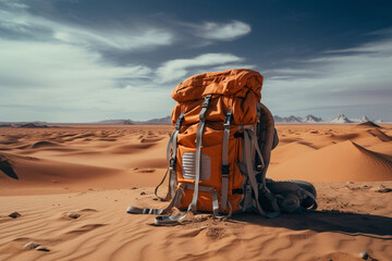 a backpack in the desert - obrazy, fototapety, plakaty