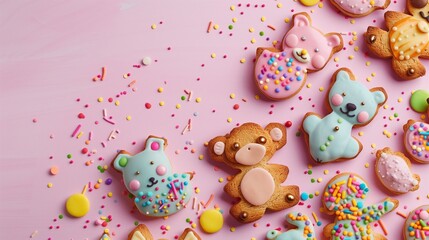 With Copy Spacehttps://as2.ftcdn.net/jpg/07/63/47/17/220_F for Text to the Left, a Festive Array of Animal-Shaped Biscuits Decorated with Colorful Icing and Sprinkles, Laid Out on a Pastel Background.
