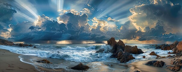 waves crashing on rocky shores under a dramatic sunset sky with penetrating sun rays and dynamic cloud
