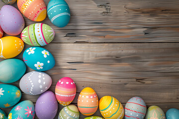 Fototapeta na wymiar Colorfully painted Easter eggs are arranged on a wooden surface, showcasing a festive celebration