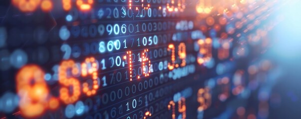 Red and blue digital LED panel displaying numbers and data, an abstract concept of data analytics, network, and computing