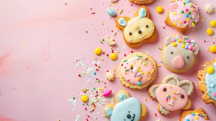 With Copy Spacehttps://as2.ftcdn.net/jpg/07/63/47/17/220_F for Text to the Left, a Festive Array of Animal-Shaped Biscuits Decorated with Colorful Icing and Sprinkles, Laid Out on a Pastel Background. - obrazy, fototapety, plakaty