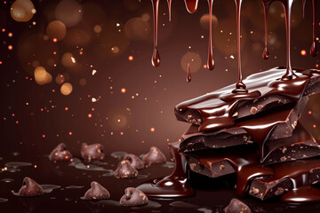 Dark chocolate melting and dripping gracefully on a dark brown surface with a chocolate bar in...