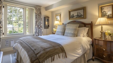 A spacious and inviting bed adorned with fresh, clean linen, creating a cozy haven for rest and relaxation in a tranquil room