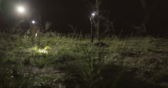 Detective, search party and flashlight at night in field, missing person and investigation of police. Crime scene, outdoor and tactical team to patrol in dark and coordination of emergency response