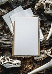 Blank greeting card in frame of dinosaur fossils, bones, animal skulls on ground. White paper sheet...