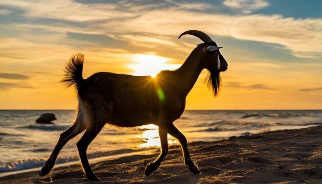 photo of a goat running along the seashore against the background of the sunset