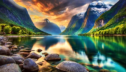 Foto auf Acrylglas landscape with mountains and lake © Frantisek
