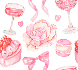 Watercolor pink sweets. Strawberry cake , ribbons, pink macaroons, bows, cocktails. Seamless pattern. Pink flowers and cakes.  Design for congratulation, wrapping paper, package, greetings, packing