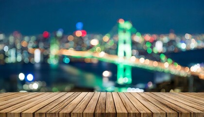 the empty wooden table top with blur background of japan night city