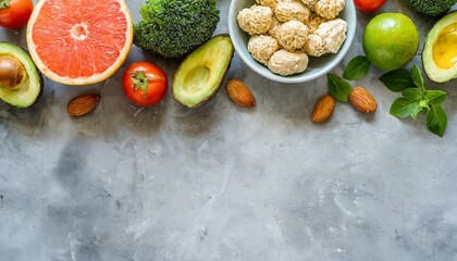 a selection of healthy foods on a gray concrete background ppt background