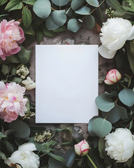 Blank greeting card in frame of white and pink peony flowers. White sheet of paper on natural flat lay background of peonies and foliage. Wedding invitation mock up. Top view template with copy space.