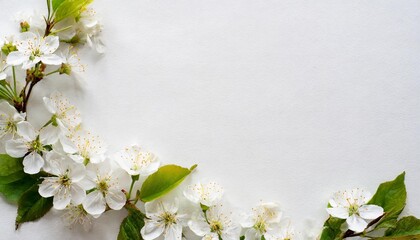 white color paper background decorated with cherry blossom flowers flat lay banner with copy space