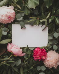 Blank greeting card in frame of white and pink peony flowers. White sheet of paper on natural flat lay background of peonies and foliage. Wedding invitation mock up. Top view template with copy space 