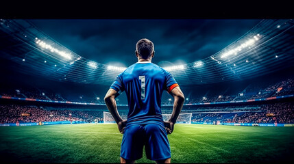 A soccer player wearing a blue jersey with the number 1 stands on a field. Concept of excitement and anticipation, as the player is ready to take on the challenge of the game - obrazy, fototapety, plakaty
