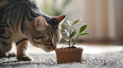 A mischievous cat peers curiously at a pot with a houseplant, creating a playful scene on a cozy carpet
