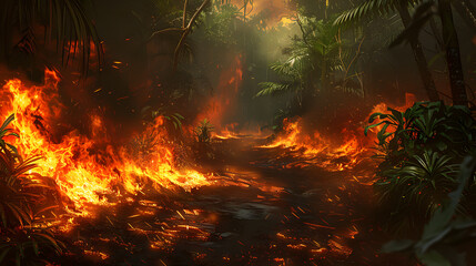 a fire rages through the jungle blocking the path ahead - obrazy, fototapety, plakaty
