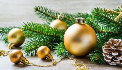 Fototapeta na wymiar golden and green christmas decorations on white background