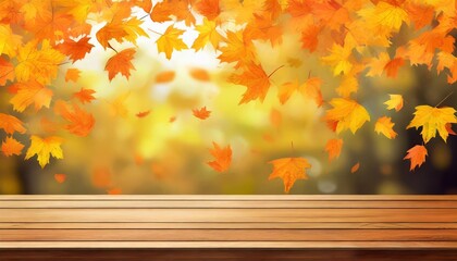Naklejka na ściany i meble maple leaves background with natural falling yellow and orange leaves and a wooden table illustration