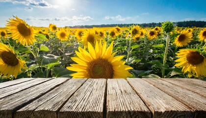 beautiful background of an empty plank table and a sunflower of the year with a place for the product lob lettering and a beautiful background of a field of sunflowers - obrazy, fototapety, plakaty