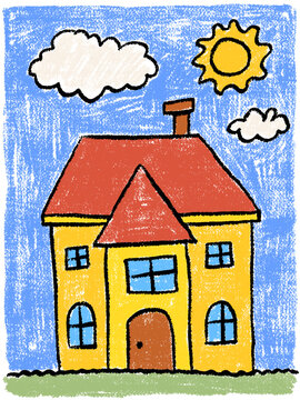 Crayon Child Drawing Yellow Villa