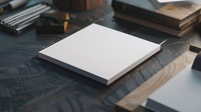 Blank white paper on the wooden table. There are some books, pencils and other stationery on the table. The background is blurred.