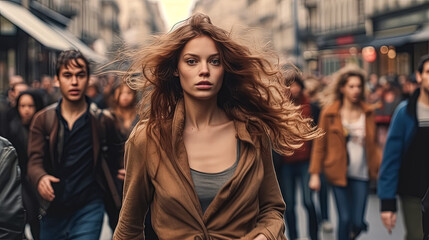 A woman with long red hair is walking down a crowded street. The scene is bustling with people, and the woman stands out as the main focus. Concept of energy and movement - obrazy, fototapety, plakaty