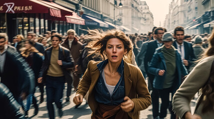 A woman runs through a crowd of people on a busy street. The scene is chaotic and bustling, with...