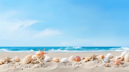 Fototapeta na wymiar Tropical vacation banner seashells, corals, and starfish on white sand beach, summer travel theme
