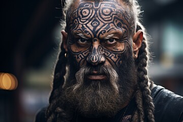 a man with a beard and face tattoo - obrazy, fototapety, plakaty