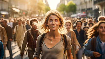 A woman is walking down a crowded street with a backpack. She is smiling and she is enjoying the bustling atmosphere - obrazy, fototapety, plakaty
