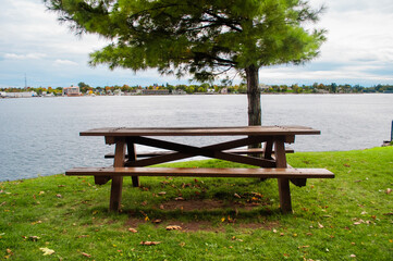 public table and bench in a park