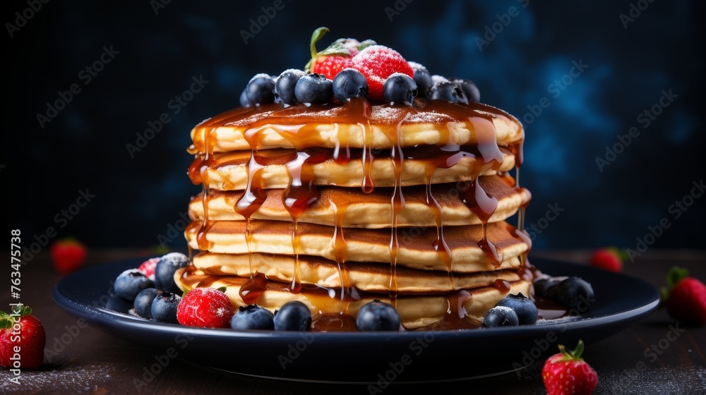 Poster Delicious homemade pancakes with fresh berries and maple syrup for breakfast, copy space available