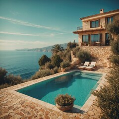 Relax and unwind at a charming Mediterranean villa with a pool, offering stunning sea views from its hillside perch. Your ultimate summer escape
