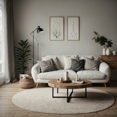 Scandinavian living room with a round wood coffee table and white sofa. Modern interior design