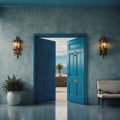 Welcome guests with coastal charm in a modern entrance hall featuring a blue door.