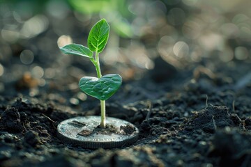 A seedling is growing on a coin lying on the ground. Green investment concept ,Rising money to invest. financial growth concept - obrazy, fototapety, plakaty