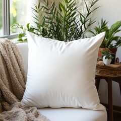 Square white blank throw pillow on a styled sofa, white bright light room.