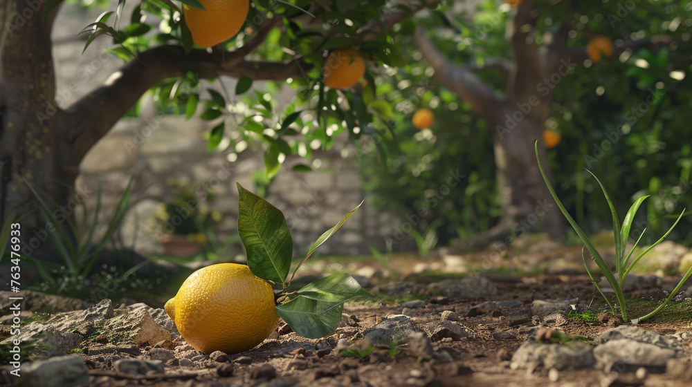 Canvas Prints A ripe lemon fallen on the soil in a sunlit orchard.