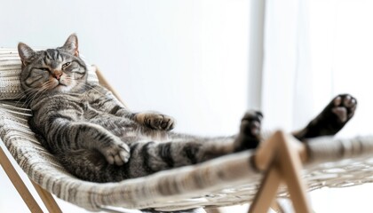 A content cat lounges on a hammock, relaxing with its eyes almost closed and paws stretched out
