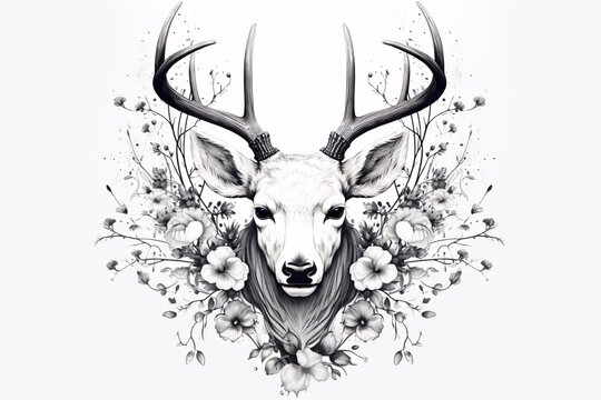 a drawing of a deer with antlers and flowers